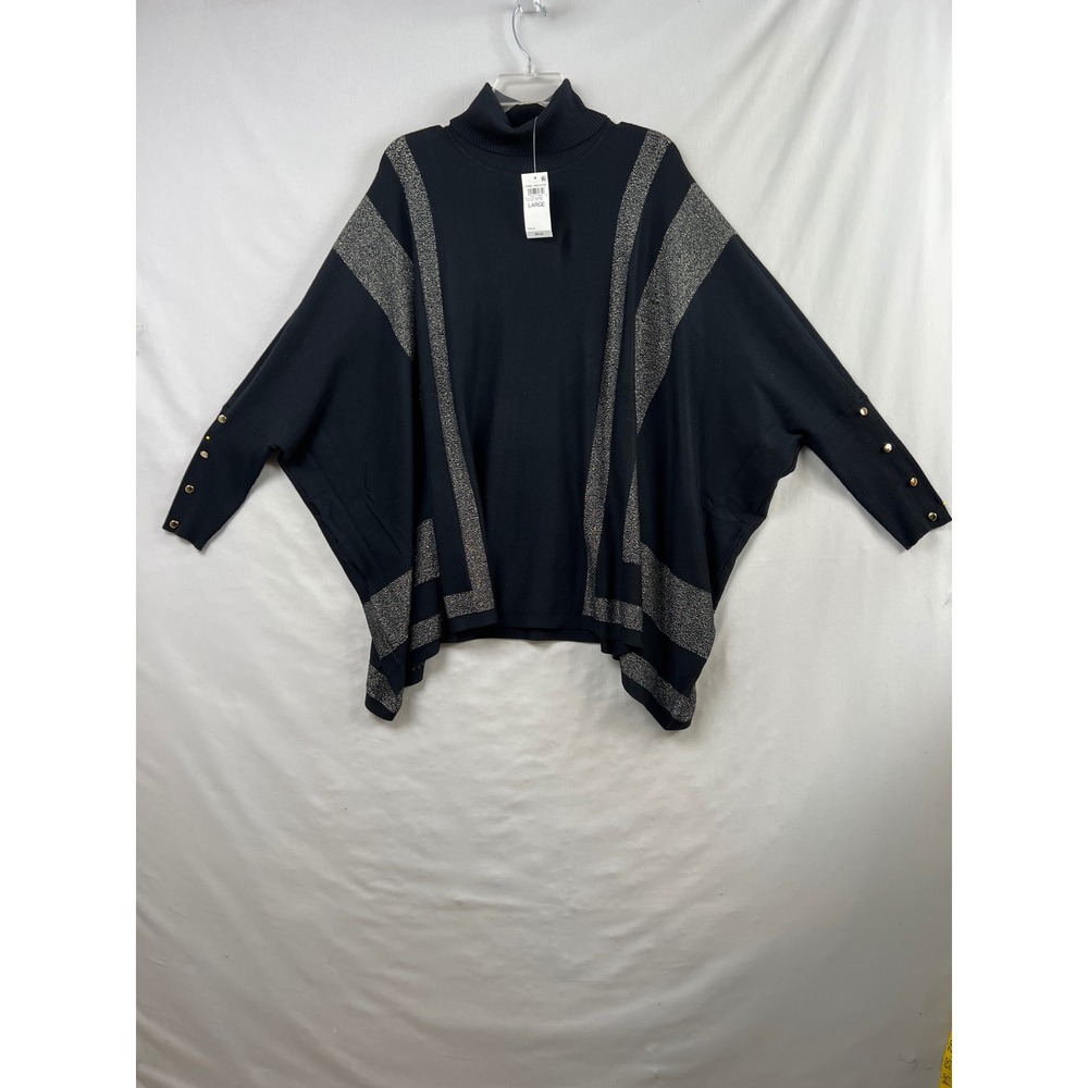 JM Collection Poncho Sweater Women L Black Gold  Turtleneck Batwing Metallic